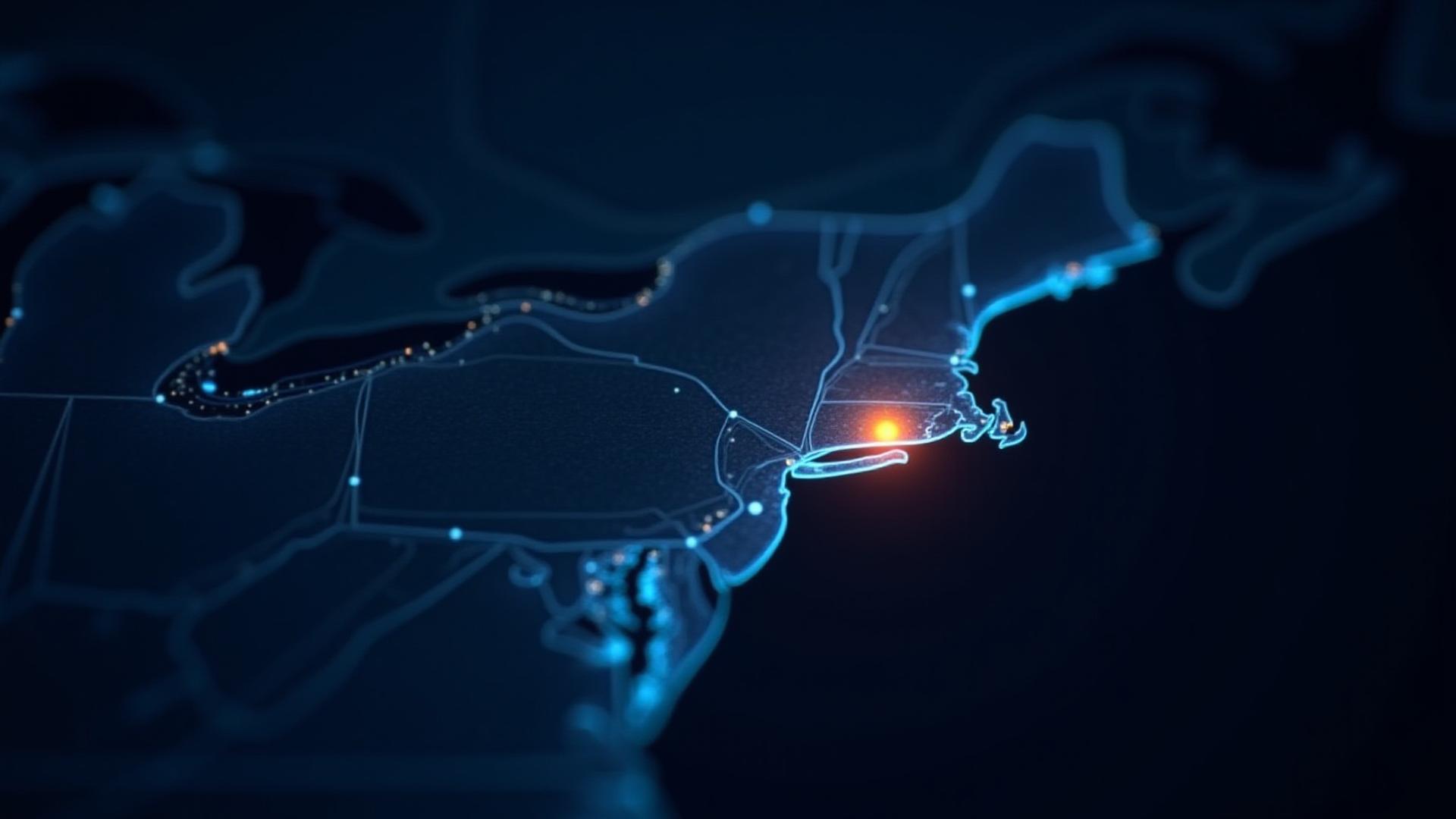 Strategic logistics map of the East Coast with glowing lanes originating from Virginia